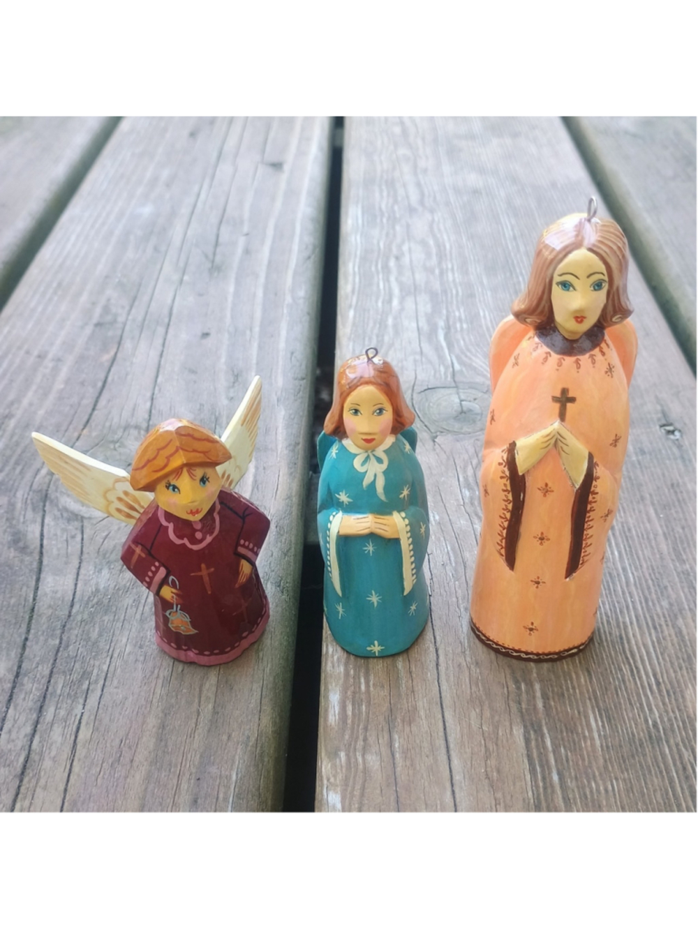 3 Carved Wooden Hand Made Russian Angel Figurines Hand Painted Signed Christmas